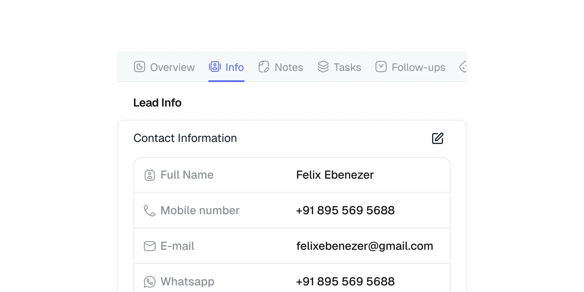 Mobile CRM view with lead details and actions.
